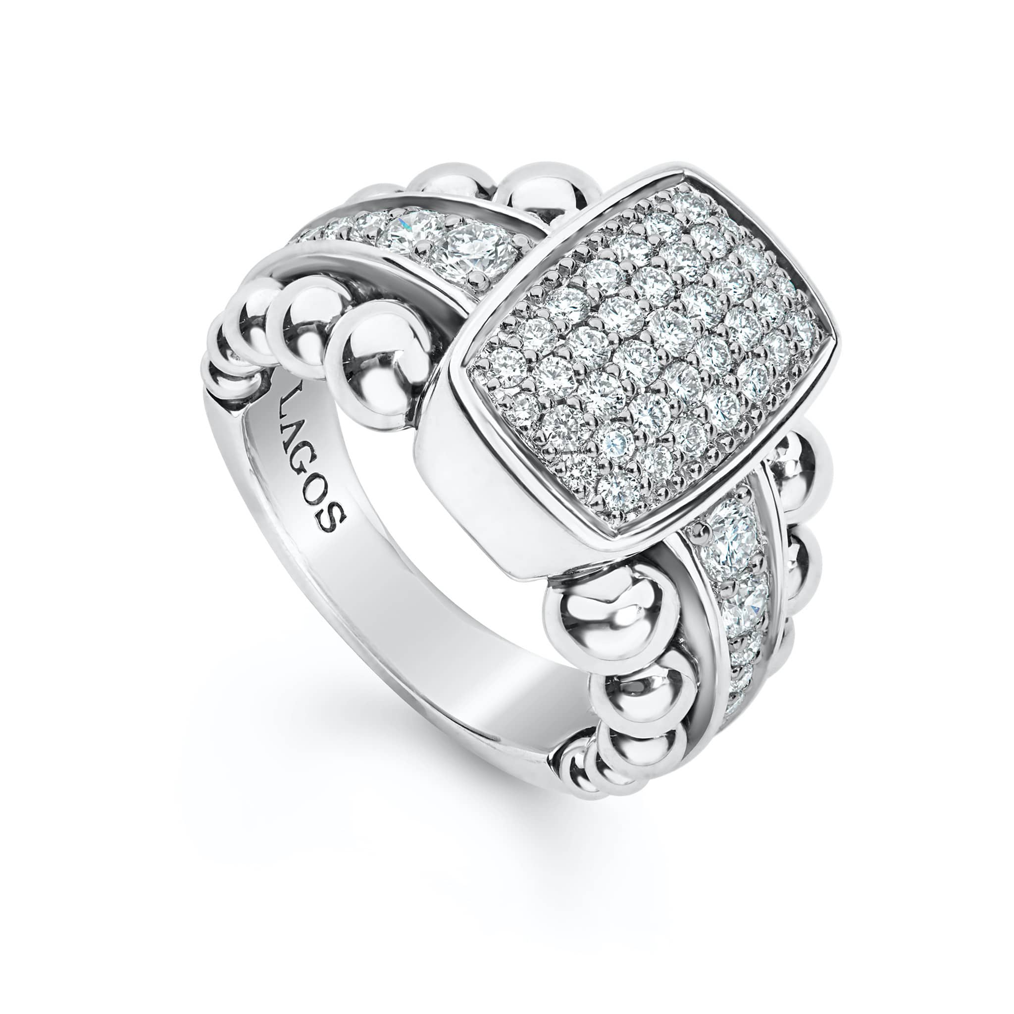 A pavé diamond station highlighted by a band of sterling silver Caviar beading and diamonds. LAGOS diamonds are the highest quality natural stones.