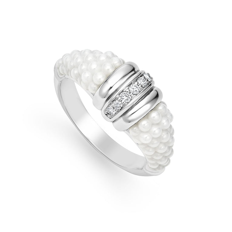 A LAGOS exclusive. White ceramic ring with a row of diamonds and highly polished sterling silver. LAGOS diamonds are the highest quality natural stones.
