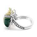 Rare Wonders Jade Double Beetle Diamond Ring in sterling silver and 18K gold, featuring a deep green cabochon with pavé diamonds and sculptural metalwork.