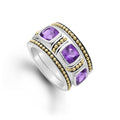 A LAGOS exclusive. A trio of stacking rings with one amethyst ring and two 18K gold Caviar beaded rings with sterling silver accents.