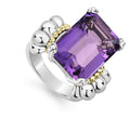 The return of a LAGOS icon. Our signature emerald-cut amethyst gemstone ring with a prong setting in sterling silver and 18K gold Caviar beading.