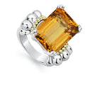 The return of a LAGOS icon. Our signature emerald-cut citrine gemstone ring with a prong setting in sterling silver and 18K gold Caviar beading.