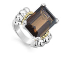 Glacier Large Emerald-Cut Smoky Quartz Ring with smoky quartz in sterling silver, accentuated by 18K gold caviar beading and sculpted silver motifs.