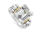 The return of a LAGOS icon. Our signature emerald-cut white topaz gemstone ring with a prong setting in sterling silver and 18K gold Caviar beading.