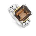 The return of a LAGOS icon. Our signature emerald-cut smokey quartz gemstone ring with a prong setting in sterling silver and 18K gold Caviar beading.