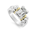 The return of a LAGOS icon. Our signature emerald-cut white topaz gemstone ring with a prong setting in sterling silver and 18K gold Caviar beading.