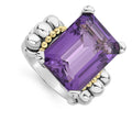 The return of a LAGOS icon. Our signature emerald-cut amethyst gemstone ring with a prong setting in sterling silver and 18K gold Caviar beading.