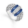 Diamonds set in sterling silver are accented by sleek ultramarine ceramic and Caviar beading on this ring. LAGOS diamonds are the highest quality natural stones.