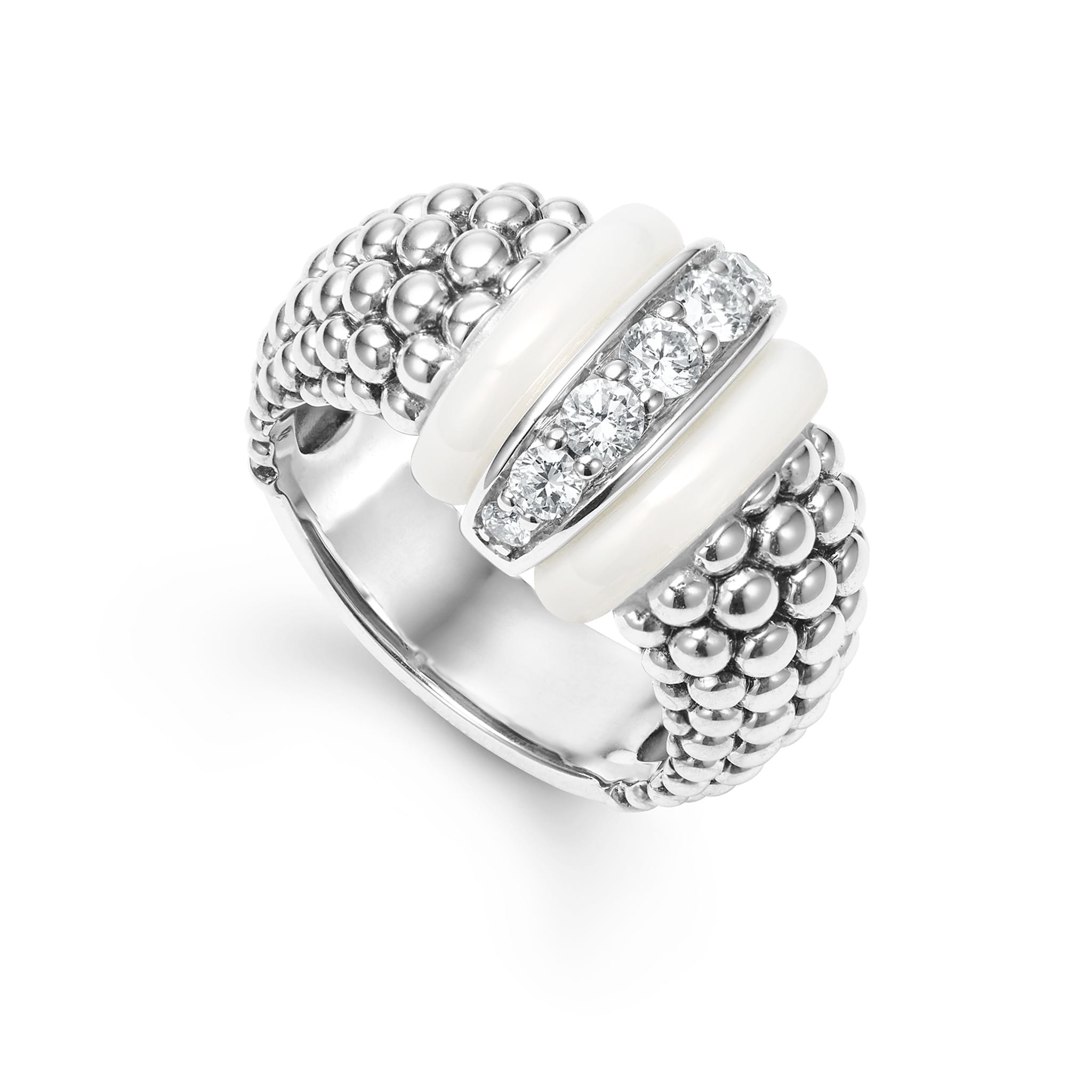 A LAGOS exclusive. Diamonds set in sterling silver are accented by sleek white ceramic and Caviar beading on this ring. LAGOS diamonds are the highest quality natural stones.