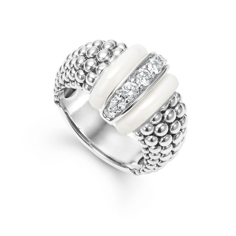 A LAGOS exclusive. Diamonds set in sterling silver are accented by sleek white ceramic and Caviar beading on this ring. LAGOS diamonds are the highest quality natural stones.