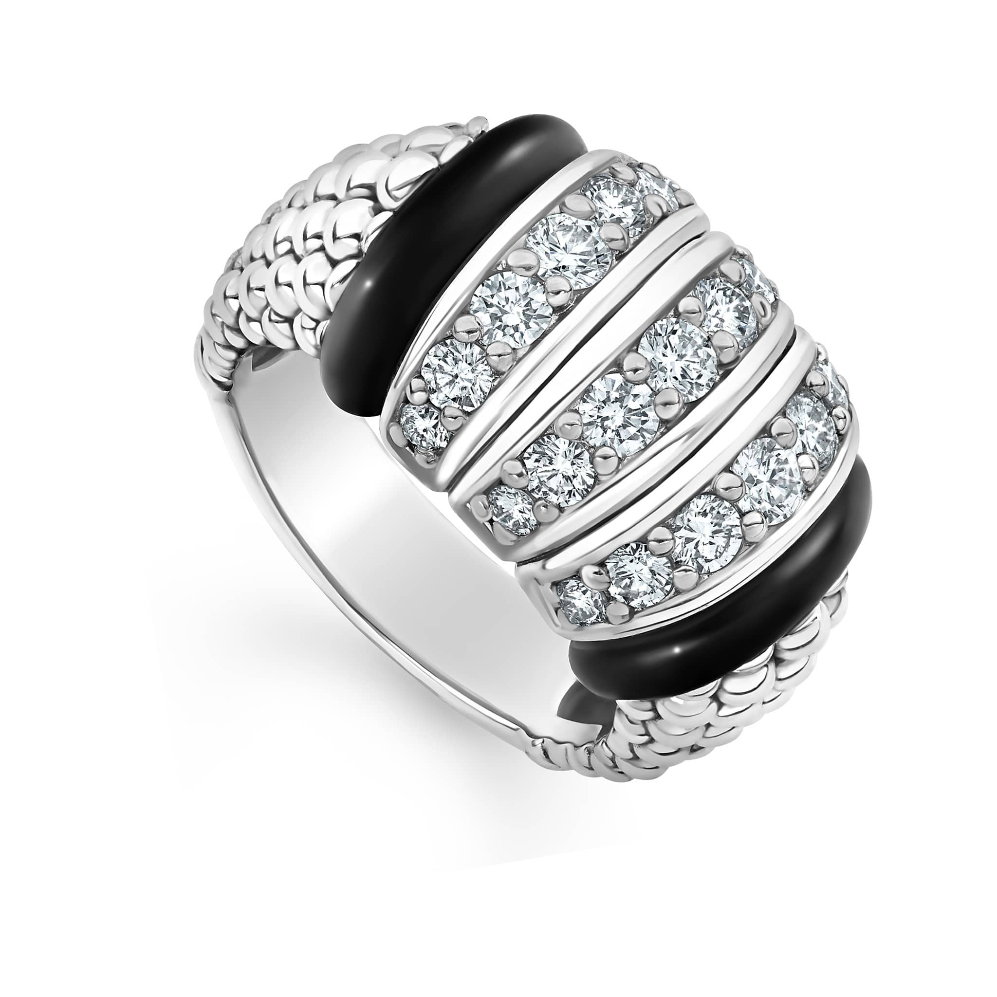 Three rows of brilliant diamonds with sleek black ceramic and Caviar beading form this statement ring. LAGOS diamonds are the highest quality natural stones.