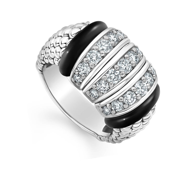 Three rows of brilliant diamonds with sleek black ceramic and Caviar beading form this statement ring. LAGOS diamonds are the highest quality natural stones.