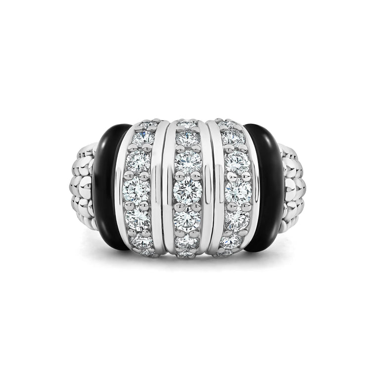 Black Caviar Black Three Station Ceramic Caviar Diamond Ring featuring sterling silver with three diamond rows, black ceramic accents, and signature caviar beading for a bold, elegant style.