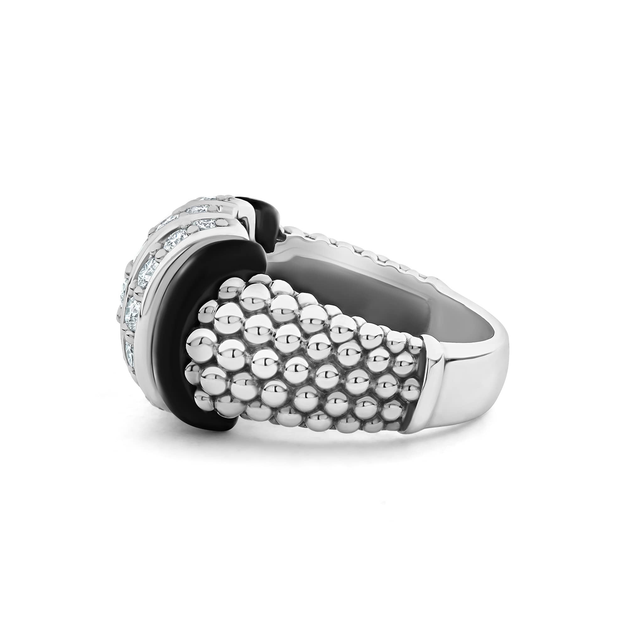 Black Caviar Black Three Station Ceramic Caviar Diamond Ring features sterling silver, caviar beading, black ceramic, and three diamond rows for a refined, sculptural look.