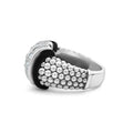 Black Caviar Black Three Station Ceramic Caviar Diamond Ring features sterling silver, caviar beading, black ceramic, and three diamond rows for a refined, sculptural look.