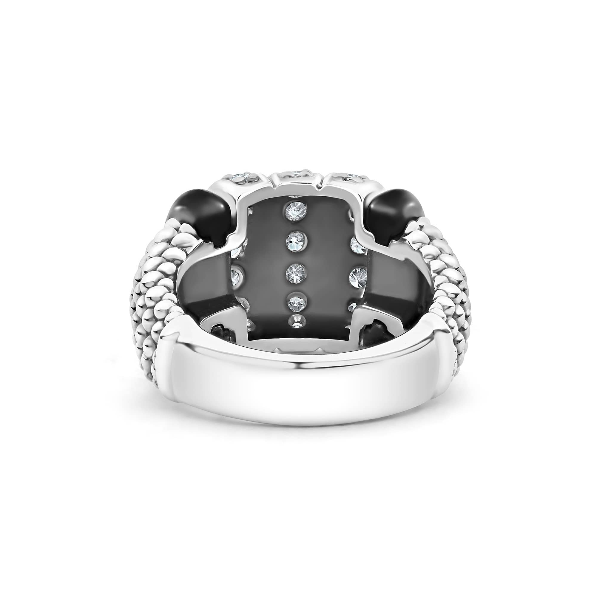 Black Caviar Black Three Station Ceramic Caviar Diamond Ring with twisted-chain detail, sterling silver, black ceramic insets, and three rows of brilliant diamonds.