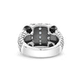 Black Caviar Black Three Station Ceramic Caviar Diamond Ring with twisted-chain detail, sterling silver, black ceramic insets, and three rows of brilliant diamonds.