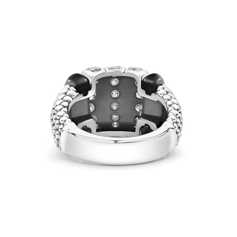 Black Caviar Black Three Station Ceramic Caviar Diamond Ring with twisted-chain detail, sterling silver, black ceramic insets, and three rows of brilliant diamonds.