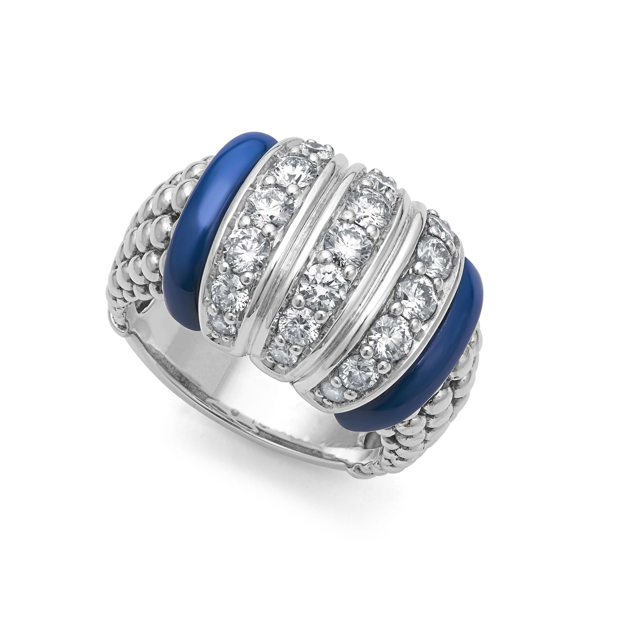 Signature ultramarine ceramic highlights these brilliant diamonds and Caviar beading on this every day ring. LAGOS diamonds are the highest quality natural stone.
