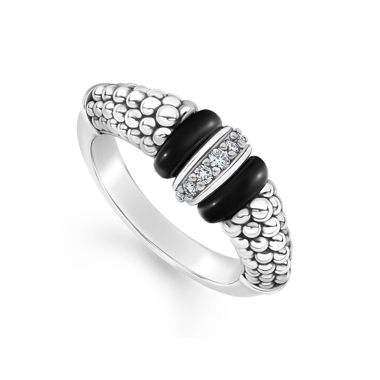 Diamonds set in sterling silver are accented by sleek black ceramic and Caviar beading on this every day ring. LAGOS diamonds are the highest quality natural stones.