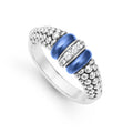 Diamonds set in sterling silver are accented by sleek ultramarine ceramic and Caviar beading on this every day ring. LAGOS diamonds are the highest quality natural stones.