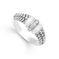 Diamonds set in sterling silver are accented by sleek white ceramic and Caviar beading on this every day ring. LAGOS diamonds are the highest quality natural stones.