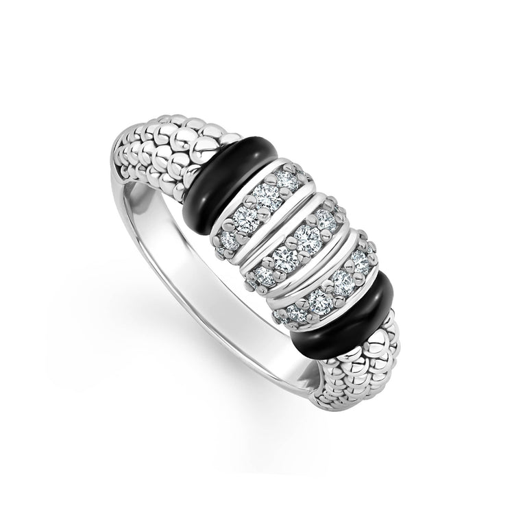 Diamonds set in sterling silver are accented by sleek black ceramic and Caviar beading on this statement ring. LAGOS diamonds are the highest quality natural stones.