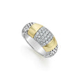 Diamonds and smooth stations of 18K gold set by sterling silver Caviar beading form this ring. LAGOS diamonds are the highest quality natural stones.