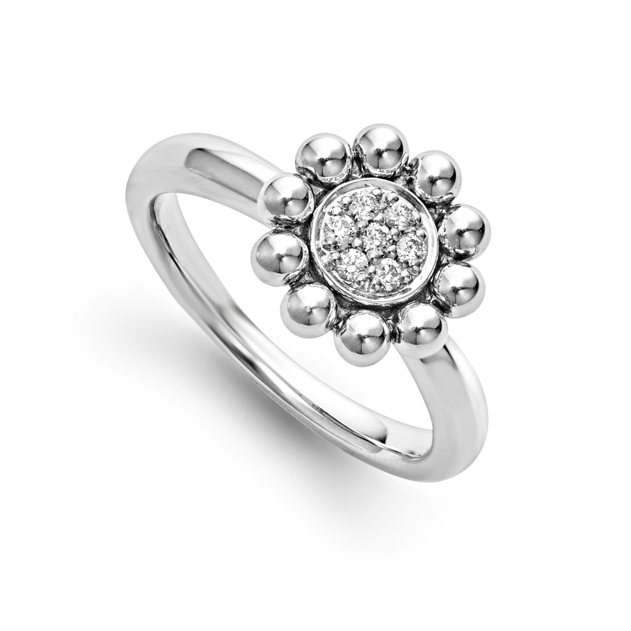 A LAGOS exclusive. Diamonds framed by sterling silver Caviar beading form this versatile ring. LAGOS diamonds are the highest quality natural stones.