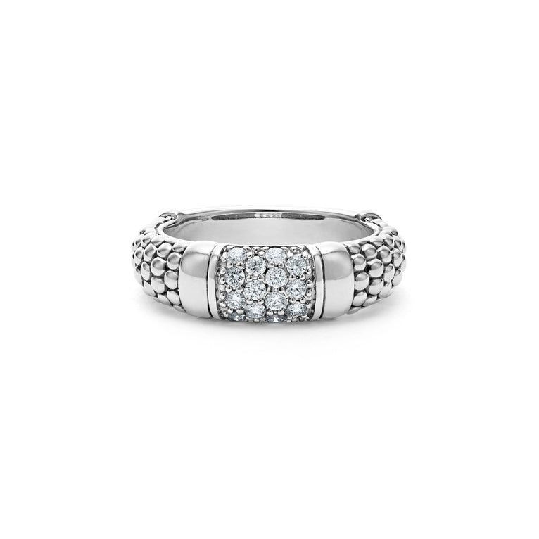 Pavé diamonds and sterling silver Caviar beading form this unique band ring. LAGOS diamonds are the highest quality natural stones.