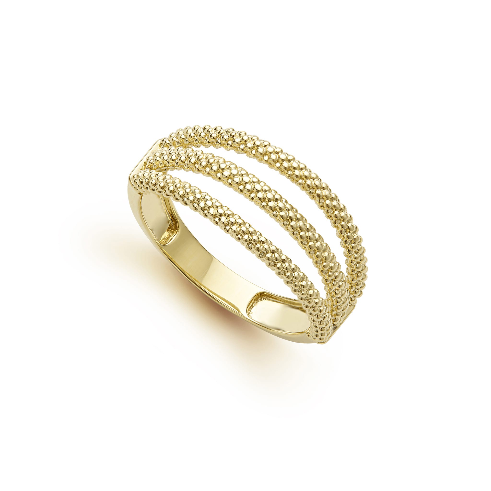 Three rows of 18K gold superfine Caviar beading form this ring that is perfect to elevate every look.