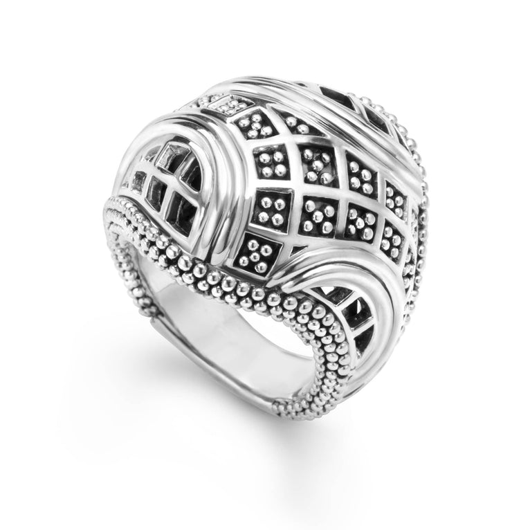 A LAGOS exclusive. Sterling silver ring inspired by Keep Memory Alive's architectural masterpiece in Las Vegas created by Frank Gehry. 100% of the purchase will benefit Keep Memory Alive.Learn More at https://www.keepmemoryalive.org/