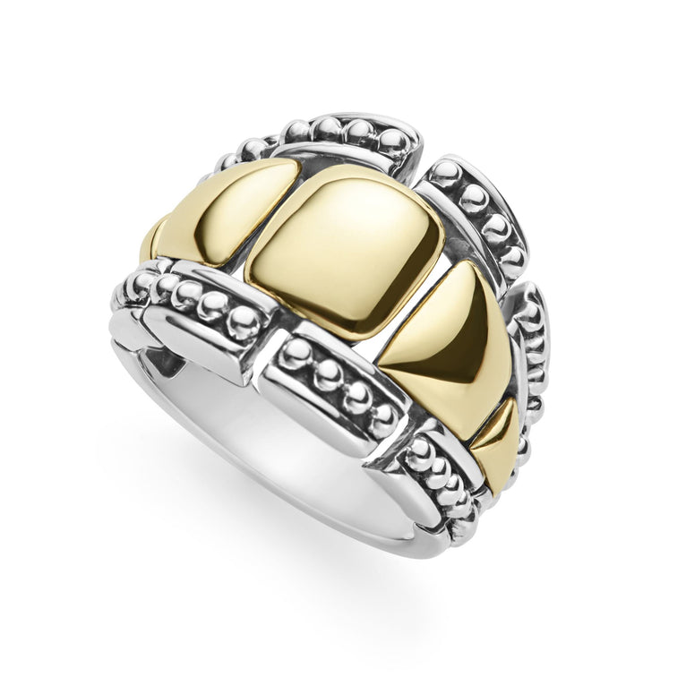 Fluted bands of 18K gold and sterling silver Caviar beading form this statement ring.