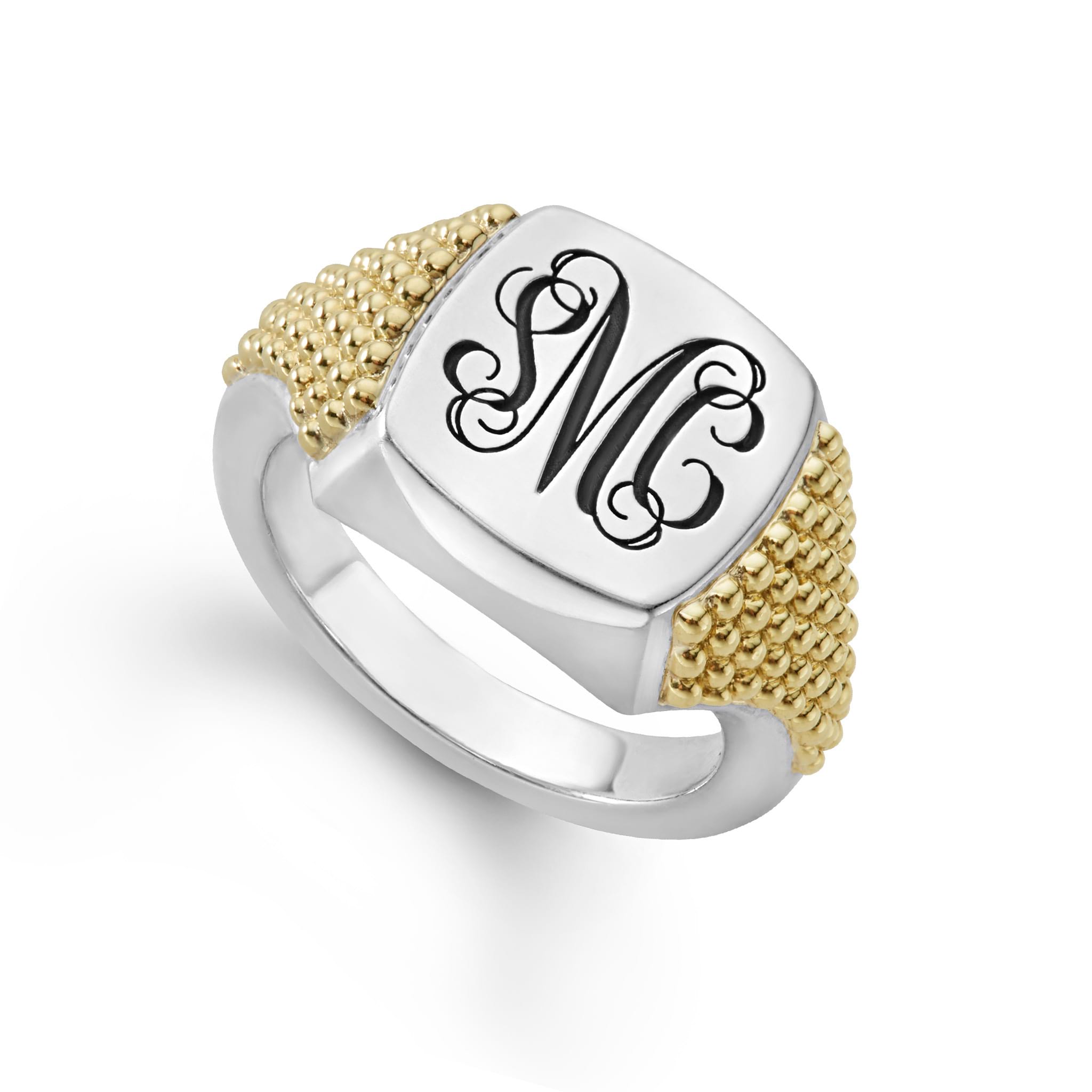A LAGOS exclusive. Highly polished sterling silver signet ring with 18K gold beading. Ideal for a modern initial or classic monogram.