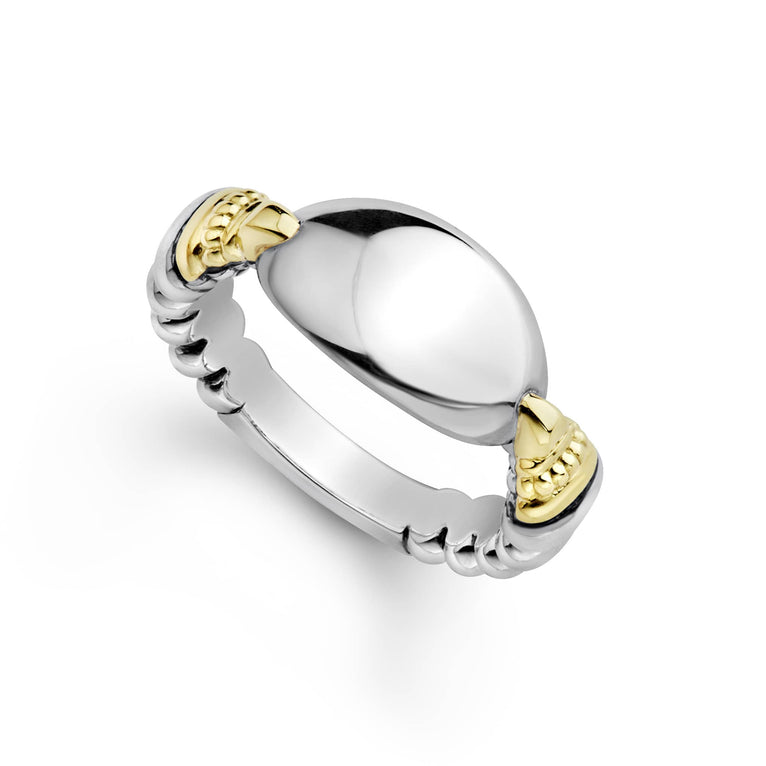 Highly polished sterling silver ring with 18K gold beading. Ideal for a modern initial or classic monogram.