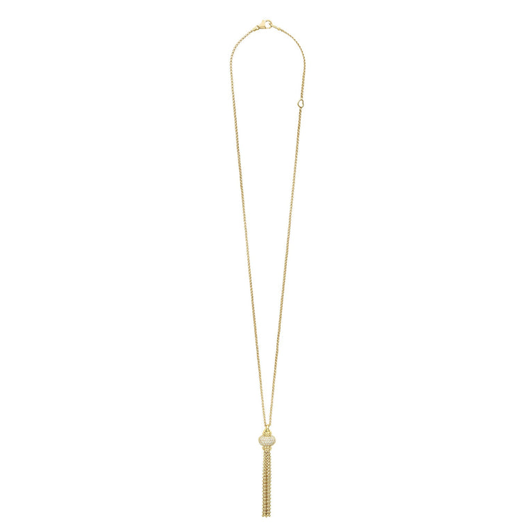 Caviar Gold Caviar Tassel Diamond Pendant Necklace featuring a pavé‐set bead with diamonds, 18K gold caviar details, and a delicate tassel on a fine-link chain.