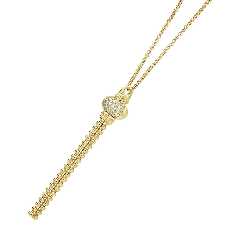 Caviar Gold Caviar Tassel Diamond Pendant Necklace with 18K gold chain, featuring diamond-studded bead pendant and tasseled gold bead strands.