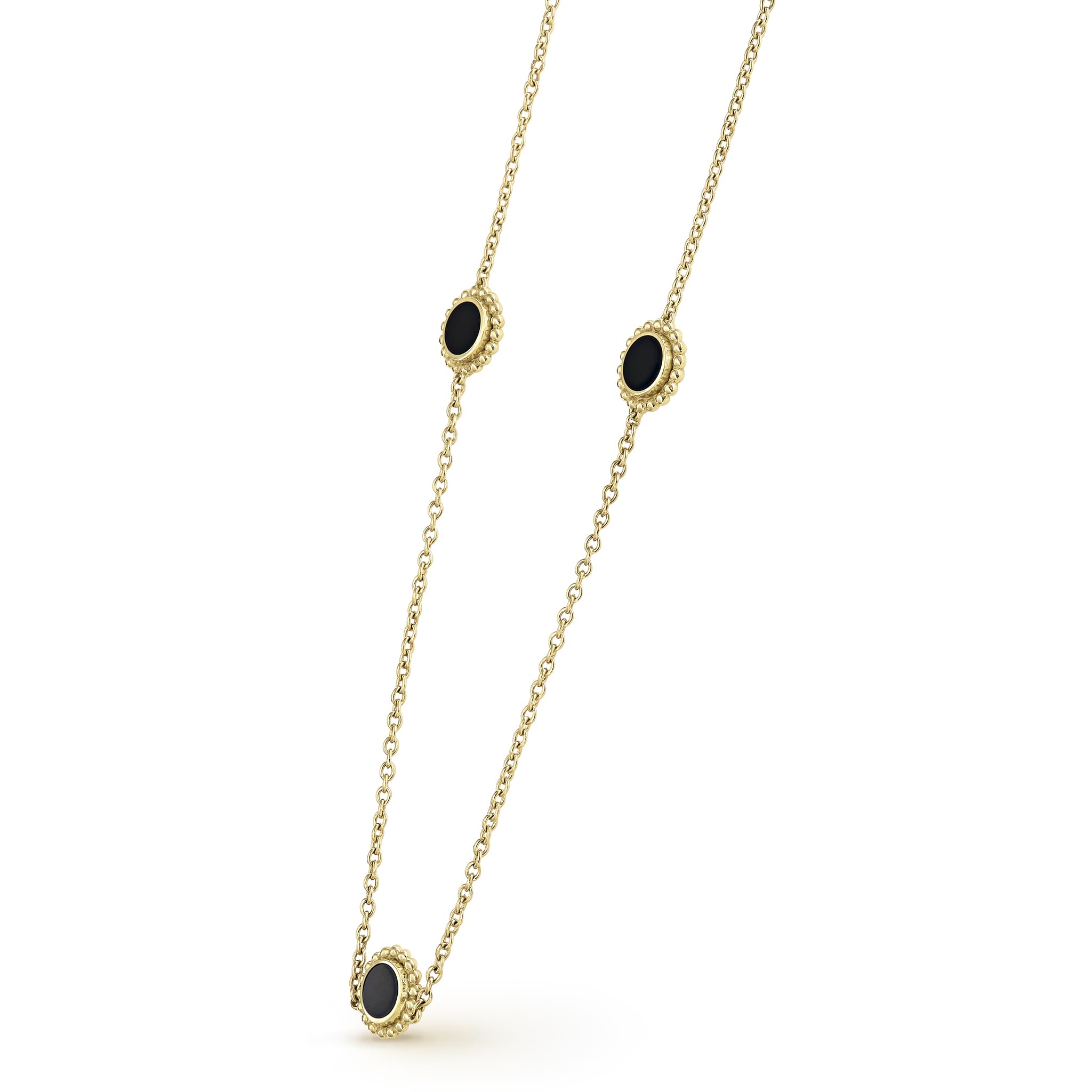Close up of Three Station Round Onyx Necklace