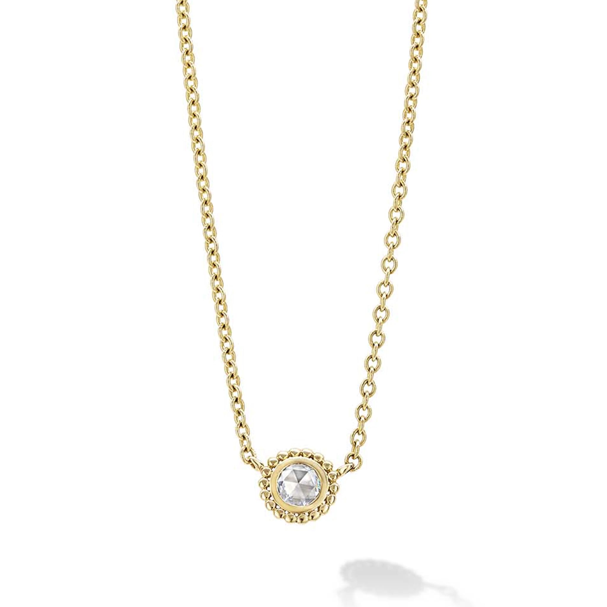 Rose cut diamond pendant necklace set and surrounded by 18K gold Caviar beading. LAGOS diamonds are the highest quality natural stones.