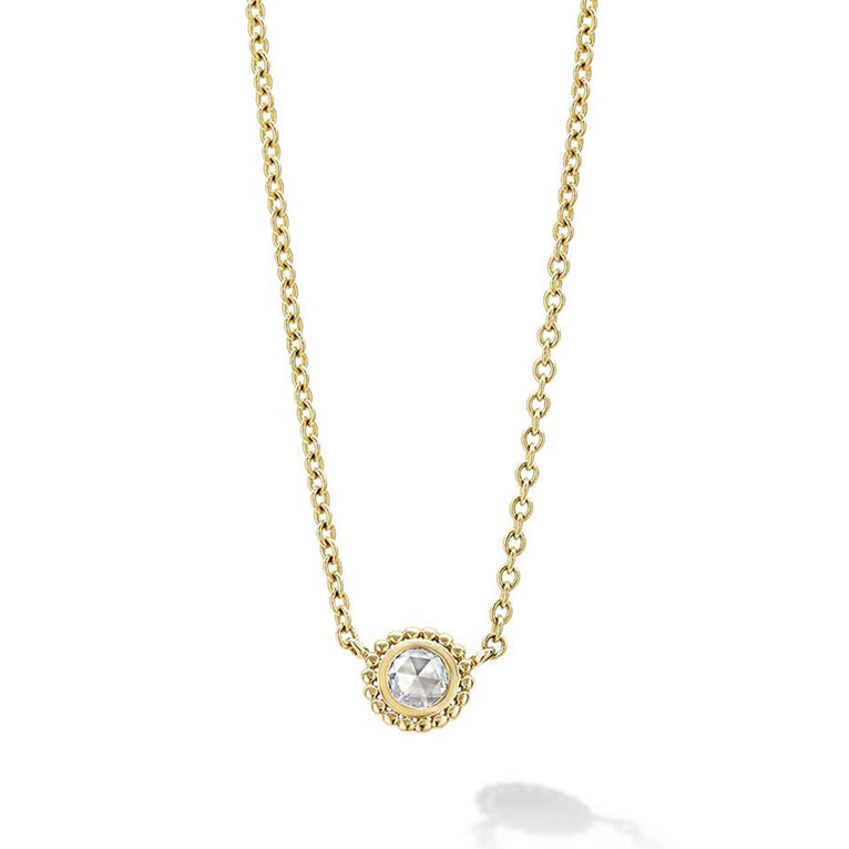 Rose cut diamond pendant necklace set and surrounded by 18K gold Caviar beading. LAGOS diamonds are the highest quality natural stones.