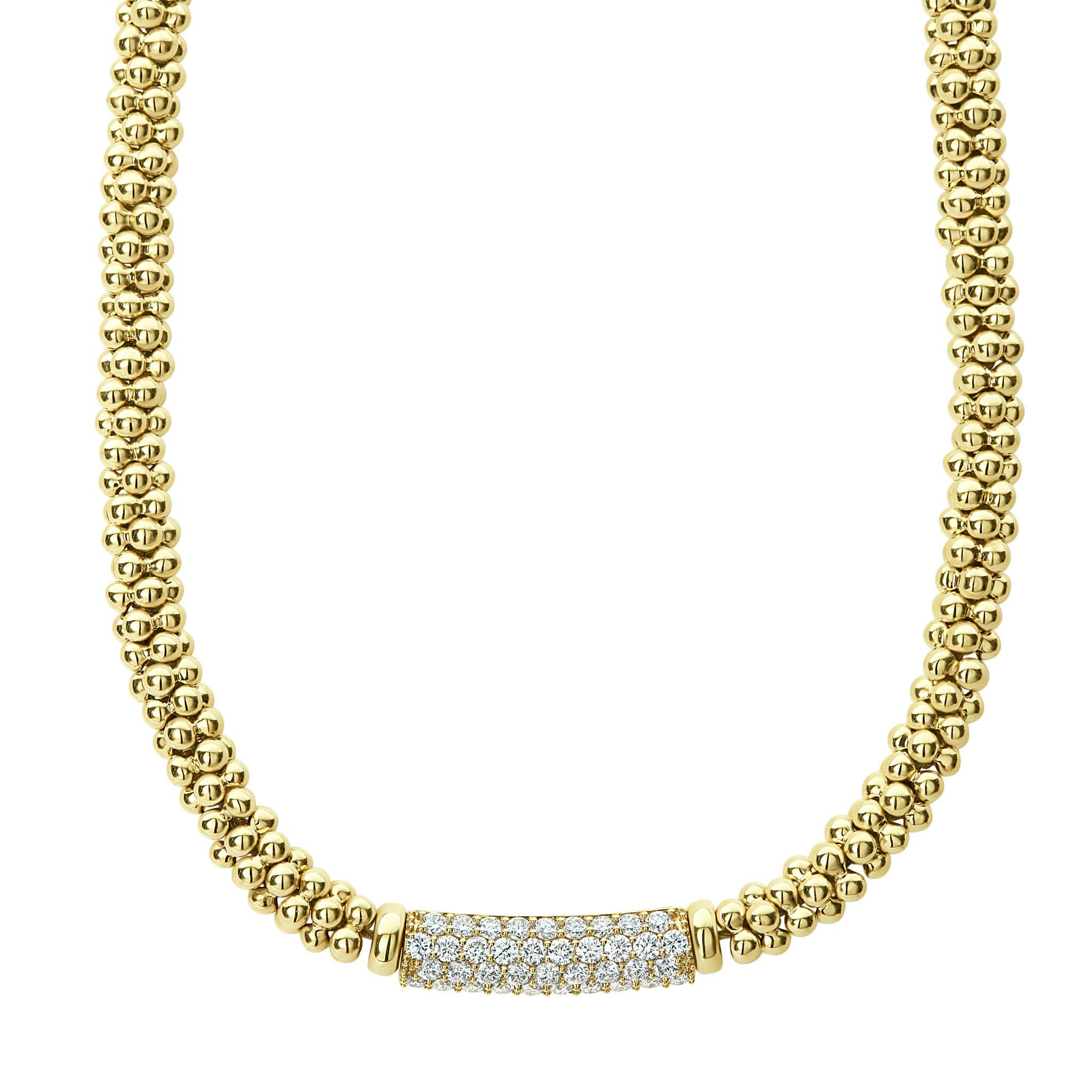 A pave diamond station highlighted by 18K gold Caviar beading forms this signature necklace. LAGOS diamonds are the highest quality natural stones.