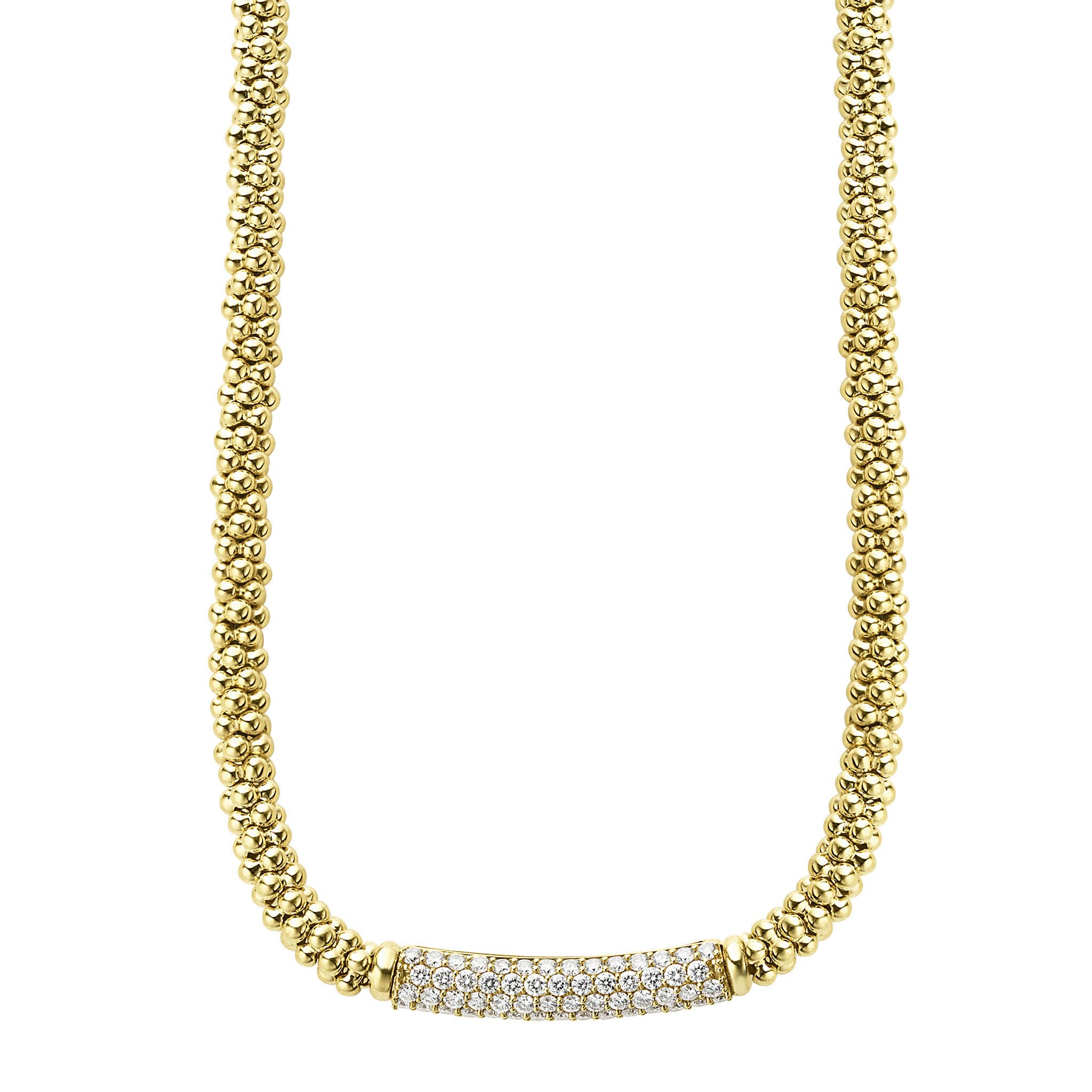 A pave diamond station highlighted by 18K gold Caviar beading forms this signature necklace. LAGOS diamonds are the highest quality natural stones.