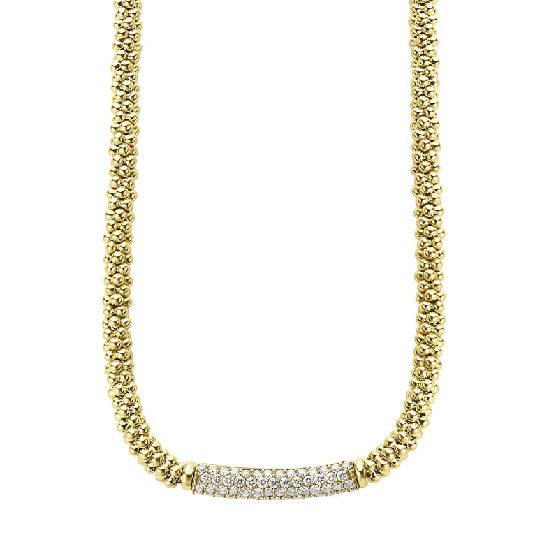 A pave diamond station highlighted by 18K gold Caviar beading forms this signature necklace. LAGOS diamonds are the highest quality natural stones.