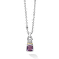 Amethyst gemstone drop pendant necklace with 18K gold and sterling Caviar beading. Necklace adjusts from 16 to 18 inches for added versatility.