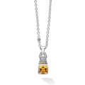 Citrine gemstone drop pendant necklace with 18K gold and sterling Caviar beading. Necklace adjusts from 16 to 18 inches for added versatility.
