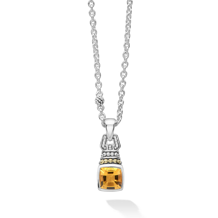 Citrine gemstone drop pendant necklace with 18K gold and sterling Caviar beading. Necklace adjusts from 16 to 18 inches for added versatility.