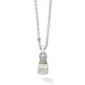 White topaz gemstone drop pendant necklace with 18K gold and sterling Caviar beading. Necklace adjusts from 16 to 18 inches for added versatility.