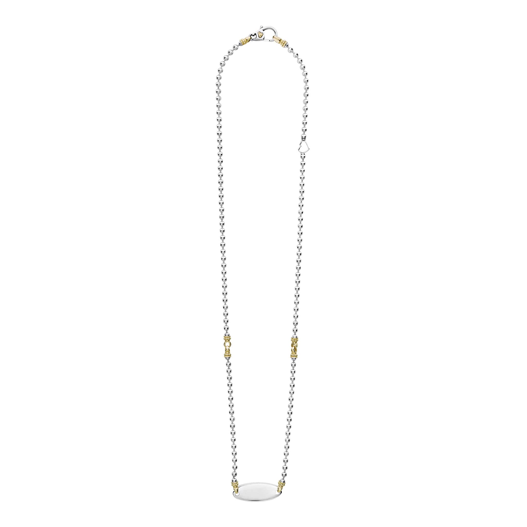 Beloved Oval Plate Necklace featuring a sterling silver ball-chain design, accented with 18K gold caviar beading and a polished ID-tag pendant.