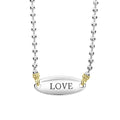 Beloved Oval Plate Necklace featuring a sterling silver pendant stamped with LOVE on a ball-chain with 18K gold caviar beading and connectors.