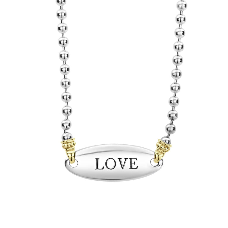 Beloved Oval Plate Necklace featuring a sterling silver pendant stamped with LOVE on a ball-chain with 18K gold caviar beading and connectors.